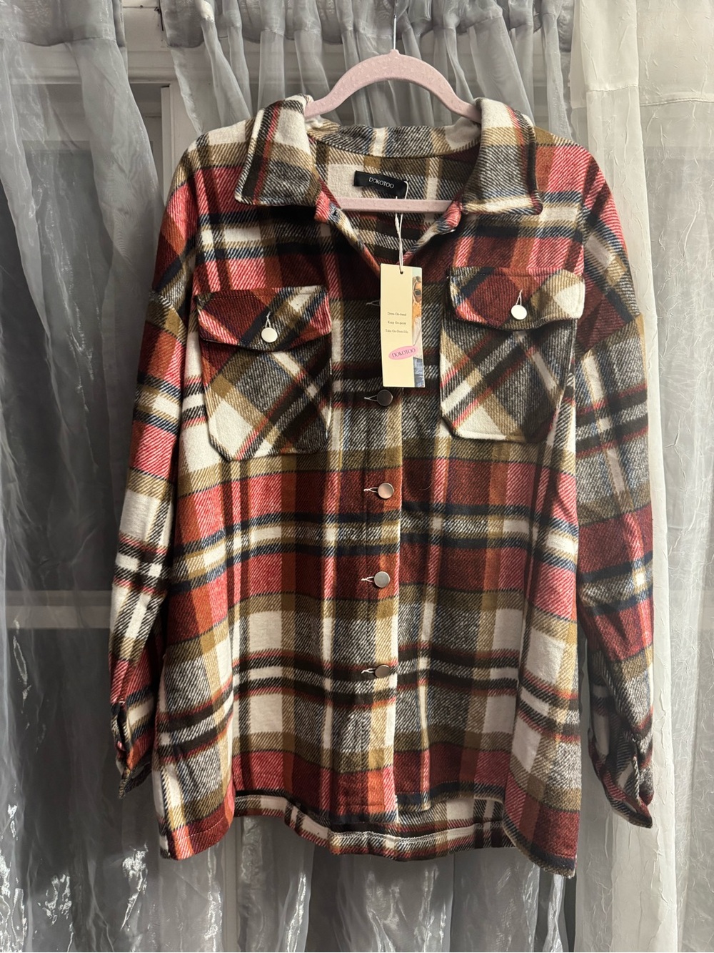 Dokotoo Plaid Flannel Button Up Utility Jacket